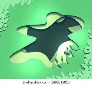 Green illustration of 3d abstract waves and tree leaves cut out from paper. Ecology and nature. Vector origami element for your design