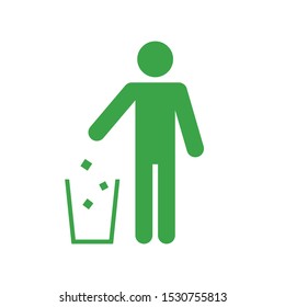 green illustration of a man throwing trash into dust bin