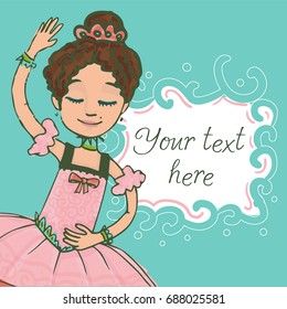 Green illustration template with text and beautiful brunette ballerina girl dancing in shiny pink dress. 