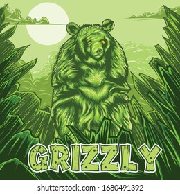 Green Illustration Tshirt Design Grizzly Bear