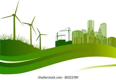 green illustration with wind turbines and city