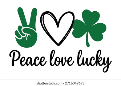 Una Imagen verde con paz, amor, símbolos de la suerte: mano, corazón y trébol.