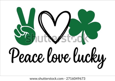 A green image featuring peace, love, luck symbols: hand, heart, and clover.
