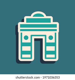 Green India Gate in New Delhi, India icon isolated on green background. Gate way of India Mumbai. Long shadow style. Vector