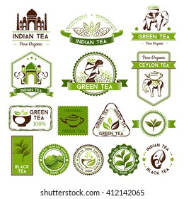 Green, indian, ceylon and black tea labels, badges and banners. Decorative elements for package design