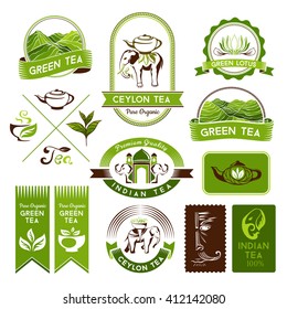 Green, indian, ceylon and black tea labels and badges. Decorative elements for package design