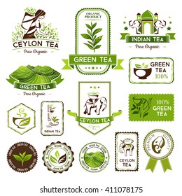 Green, indian and ceylon tea labels, badges and banners. Decorative elements for package design