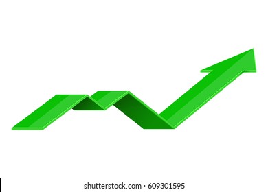 Green indication arrow. Up rising icon. Vector 3d illustration isolated on white background