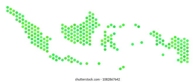 Green Indonesia map. Vector hexagon territory plan drawn with fresh green color hues. Abstract Indonesia map collage is composed of hex tile items.