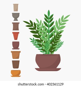 Green Indoor Flat Style House Plant In Pot Vector Icon. Set Of Pots Icons.