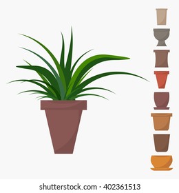 Green indoor flat style house plant in pot vector icon. 