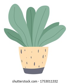 Green indoor houseplant and flower in pot icon on white. Plant growing in pot or planter. Beautiful natural home and office decorations. House plant, flowerpot object. Trendy vector in flat cartoon