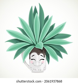 Green indoor plant growing in happy cartoon smiling ceramic cup with glaze  isolated on white background