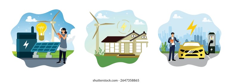 Green industrial area with sustainable technology. Eco-friendly houses use electricity from windmills and solar panels. Businessmen observe electric cars charging at charging stations.