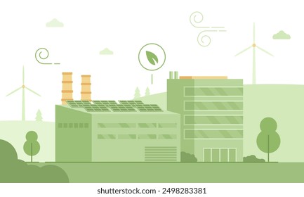 Grünes industrielles Konzept, Vektorgrafik. Umweltfreundliche Fabrik mit Sonnenkollektoren und Kaminen. Windräder im Hintergrund. Minimalistisches Illustrationsdesign Blättersymbol symbolisiert Nachhaltigkeit 