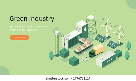 Green Industrial Factory with Renewable Energy. Wind Electricity Generators and Solar Panels. Eco Power Station. Eco Industrial Development Concept. Flat Isometric Vector Illustration.