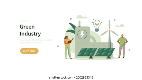 Green industrial factory with renewable energy. Wind electricity generators and solar panels. Eco power station. Eco industrial development concept. Flat cartoon vector illustration.