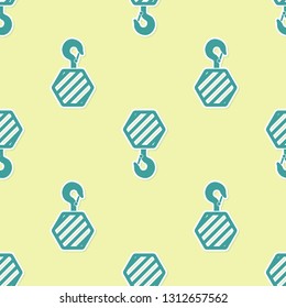 Green Industrial hook icon isolated seamless pattern on yellow background. Crane hook icon. Flat design. Vector Illustration