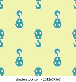 Green Industrial hook icon isolated seamless pattern on yellow background. Crane hook icon. Flat design. Vector Illustration