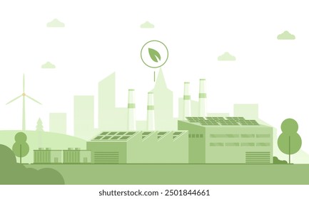 Grüne Industrielandschaft als Vektor. Umweltfreundliche Fabrik mit Sonnenkollektoren, Windturbine und städtischer Skyline. Nachhaltiges Fertigungskonzept. Saubere Energie in der Industrie. Minimalistisches monochromes Design.