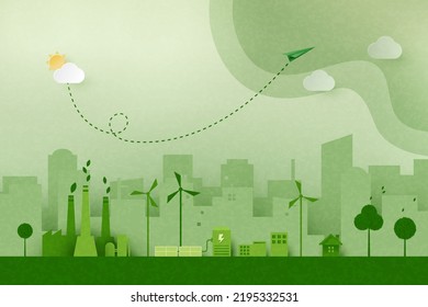 Green industry and alternative renewable energy.Green eco friendly cityscape background.Paper art of ecology and environment concept.