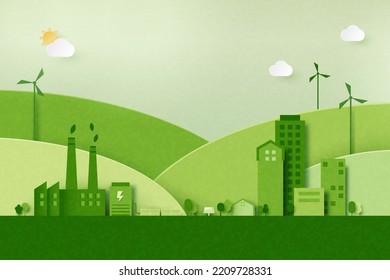 Green industry and alternative renewable energy.Green eco friendly cityscape background.Paper art of ecology and environment concept.