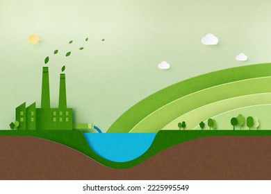 Green industry and alternative renewable energy.Green eco friendly cityscape background.Paper art of ecology and environment concept.Vector illustration.