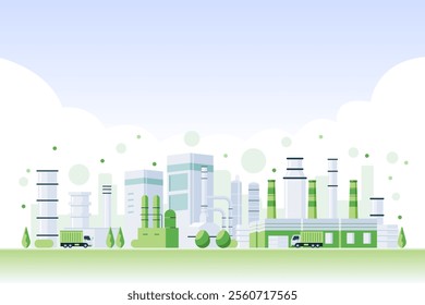 Green Industry Background, Sustainable manufacturing factory clean energy on eco friendly cityscape background. Vector illustration.