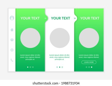 Green industry business onboarding vector template. Responsive mobile website with icons. Web page walkthrough 3 step screens. Sustainable development. Eco issues color concept with copy space