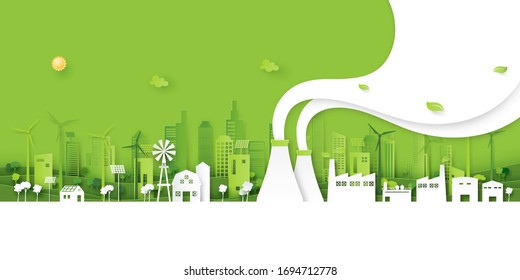 Green Industry And Clean Energy On Eco Friendly Cityscape Background.Paper Art Of Ecology And Environment Concept.Vector Illustration.