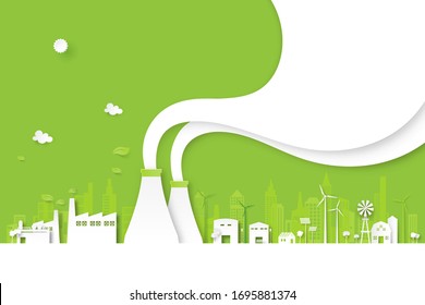 Green industry and clean energy on eco friendly cityscape background.Paper art of ecology and environment concept.Vector illustration.