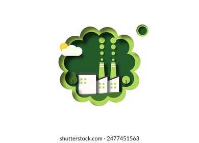 Industria verde. Emisión de CO2, reducción, concepto de neutralidad. Protección contra la contaminación atmosférica. Ecología y Medio Ambiente. Ilustración vectorial de arte en papel.