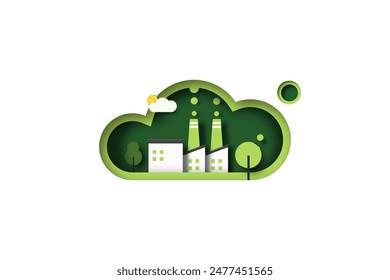 Industria verde. Emisión de CO2, reducción, concepto de neutralidad. Protección contra la contaminación atmosférica. Ecología y Medio Ambiente. Ilustración vectorial de arte en papel.