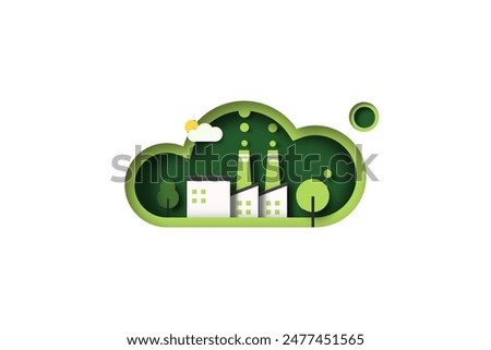 Green Industry. CO2 Emission, Reduction, neutrality concept. Air pollution protection. Ecology and Environment concept. Paper Art Vector Illustration.