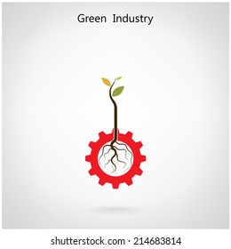 Green industry concept. Small plant and gear symbol, business and green idea, education concept. Vector illustration.