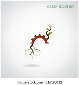 Green industry concept. Small plant and gear symbol, business and green idea, education concept. Vector illustration.
