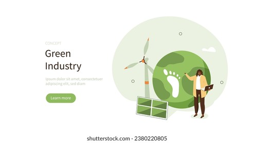 Green industry, economy, climate change concept. Carbon footprint reduction. Benefits of renewable energy, natural resources usage, wind, solar power. Flat vector illustration