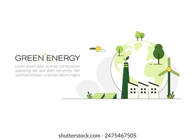 Industria verde. Concepto de energía verde. Fuentes de energía renovables sostenibles. Concepto de gobernanza ambiental, social y Corporativa. Ilustración vectorial plana.