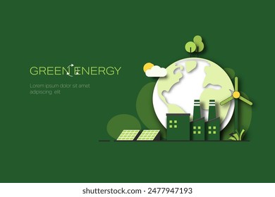 Green industry. Green Energy Concept. Sustainable renewable energy sources. Environmental, Social, and Corporate Governance concept. Paper Art Style. Minimal Vector illustration.