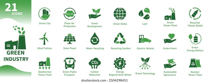 Icono de la industria verde. Conjunto de iconos sobre el tema de la sostenibilidad, energía verde, ecología, medio ambiente, cambio climático. Iconos sólidos del vector.