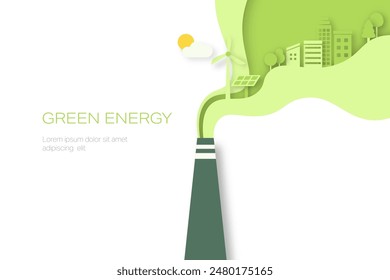 Industria verde. Tubo de fábrica con eco ciudad verde en el humo. Arte en papel del concepto de energía sostenible, ecología y medio ambiente. Ilustración vectorial mínima.