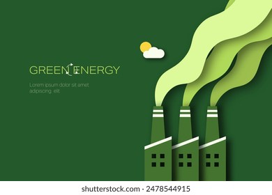 Green Industry. Pipe of factory with green smoke. Paper art of Sustainable energy, ecology and environment concept. Minimal vector illustration.