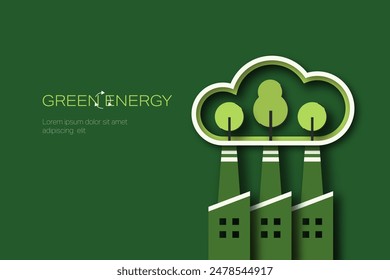 Green Industry. Pipe of factory with green trees in a cloud. Paper art of Sustainable energy, ecology and environment concept. Minimal vector illustration.