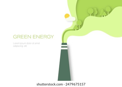 Green Industry. Pipe of factory with green trees in the smoke. Paper art of Sustainable energy, ecology and environment concept. Minimal vector illustration.