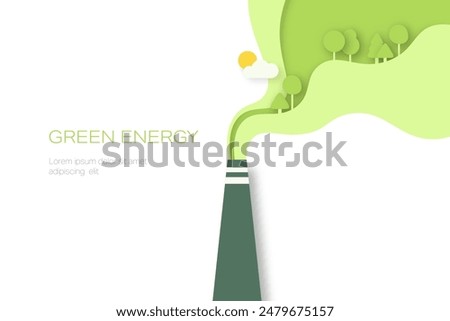 Green Industry. Pipe of factory with green trees in the smoke. Paper art of Sustainable energy, ecology and environment concept. Minimal vector illustration.