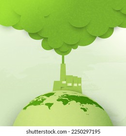 Industria verde con smog verde y antecedentes ecológicos.Papel artístico del concepto de ecología y medio ambiente.Ilustración vectorial.