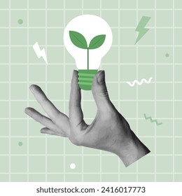 Green industry and sustainability concept. Hand holding power saving lamp. Vector illustration