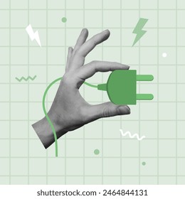 Green industry and sustainability concept. Hand holding green power plug. Vector illustration