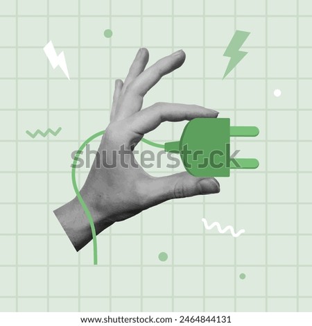 Green industry and sustainability concept. Hand holding green power plug. Vector illustration