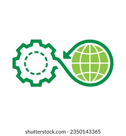 Green infinite arrow combined with gearwheel and world icon inside. Circular manufacturing icon. Vector illustration outline flat design style.